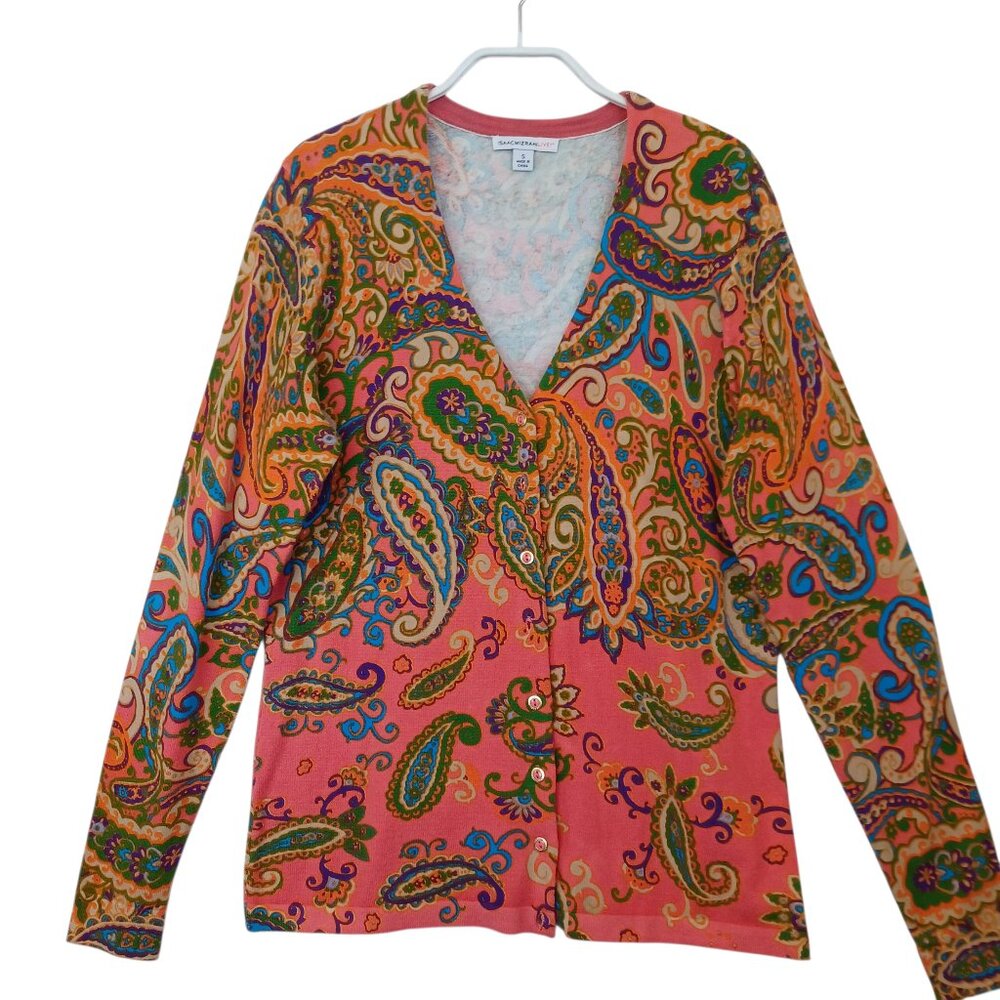 Isaac Mizrahi Live Cardigan Paisley Print V Neck Button Front Sweater Size Small
